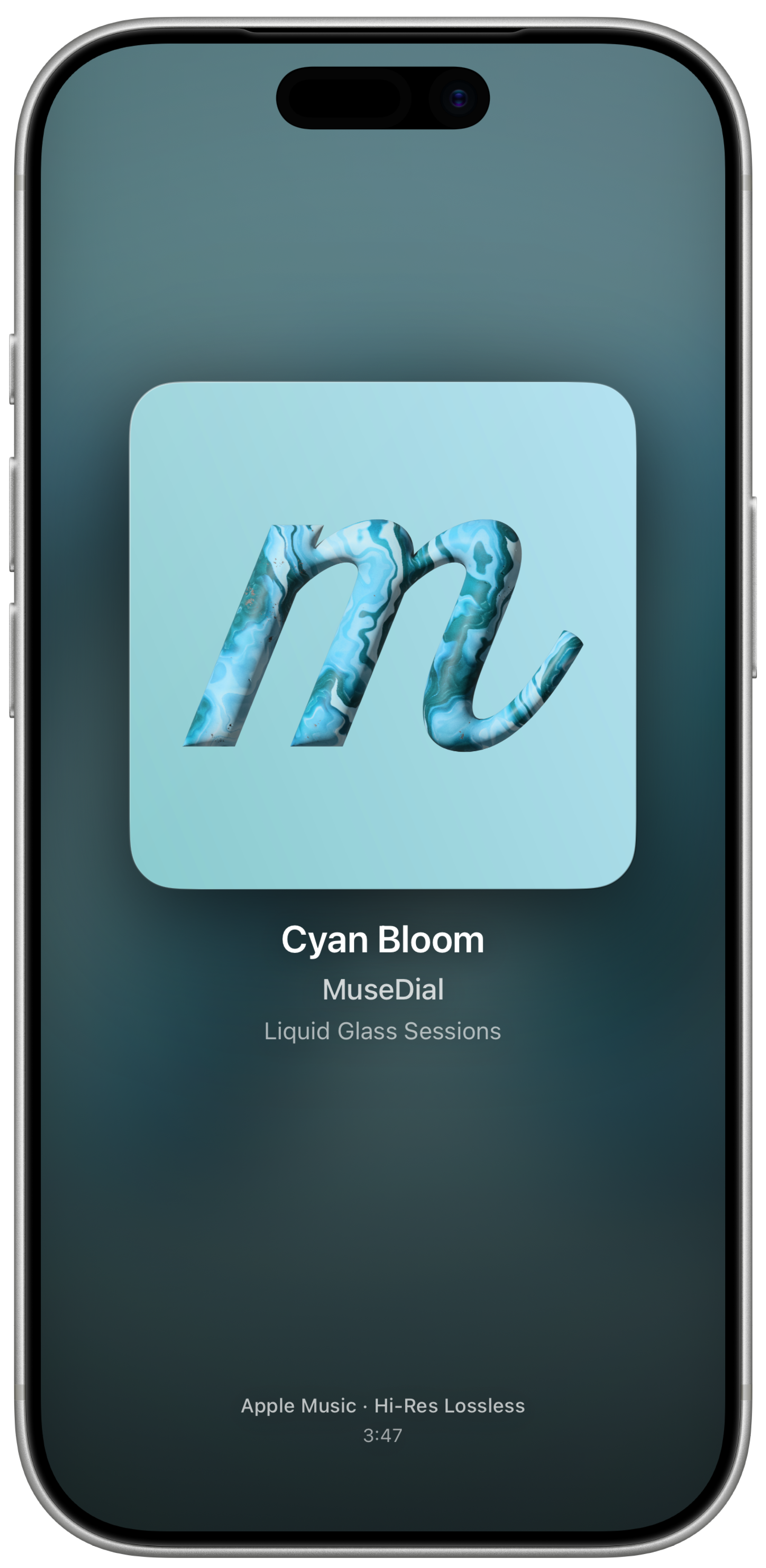 MuseDial expanded album art view with turquoise MuseDial artwork.