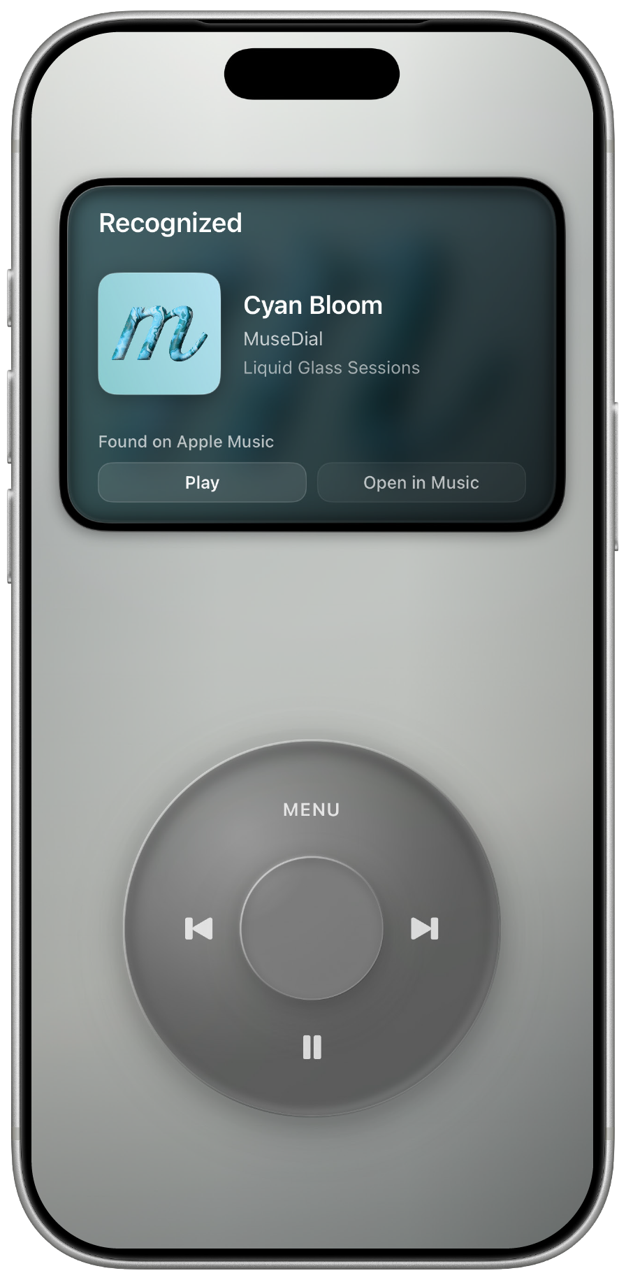 MuseDial recognized result screen with Apple Music actions.