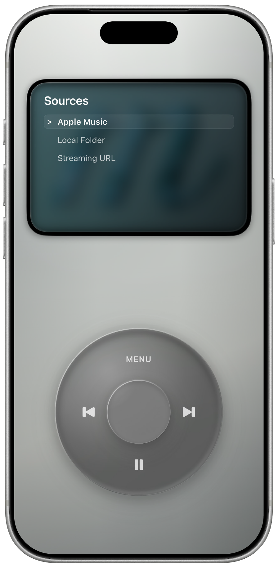 MuseDial Sources screen listing Apple Music, Local Folder, and Streaming URL.